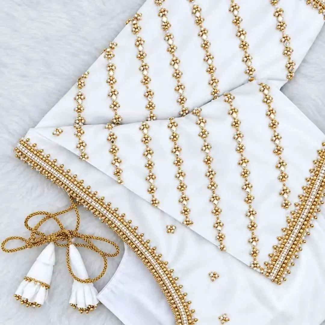 Pure White Raw Silk Maggam Work Blouse with Gold Bead Linear Lines, Mirror Borders & Matching Latkans
