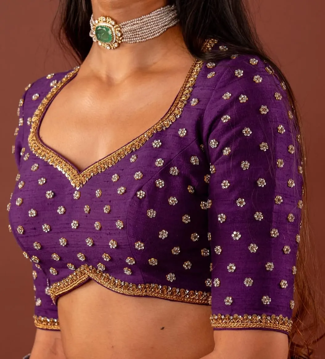 Purple Hand Embroidered Bridal Blouse with Booti Work | Inverted V-Cut Choli 1
