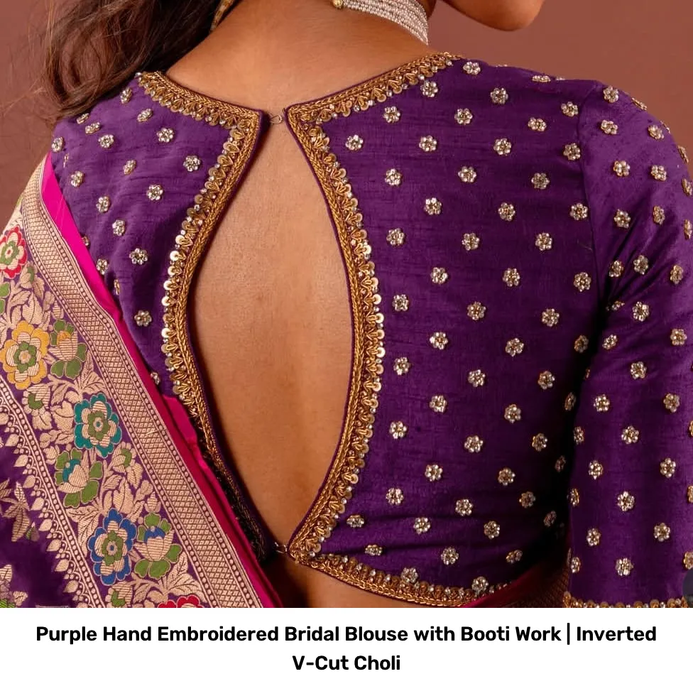 Purple Hand Embroidered Bridal Blouse with Booti Work | Inverted V-Cut Choli 2