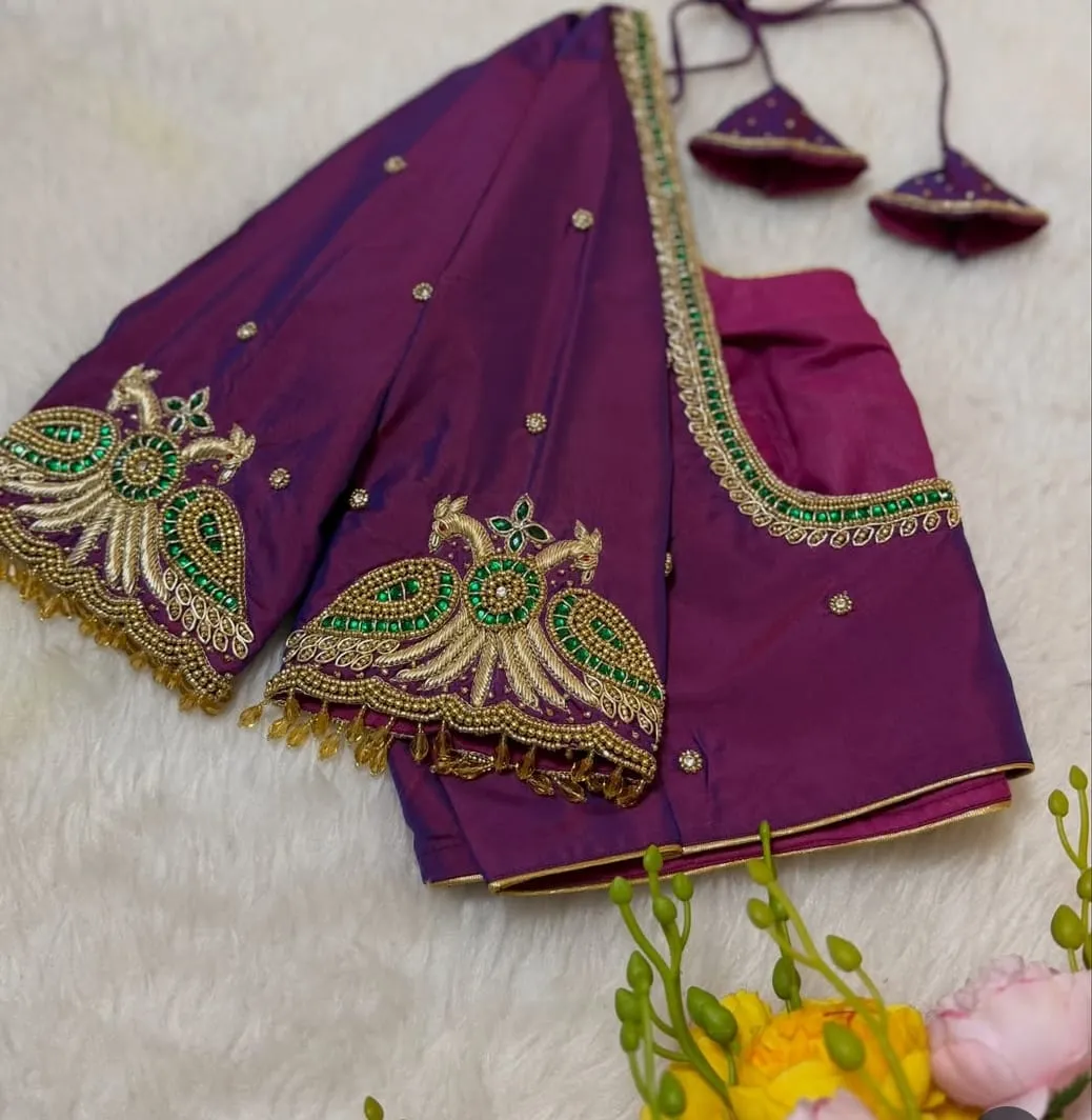 Purple Hand Embroidered Designer Blouse with Peacock Motifs | Readymade Saree Blouses 1