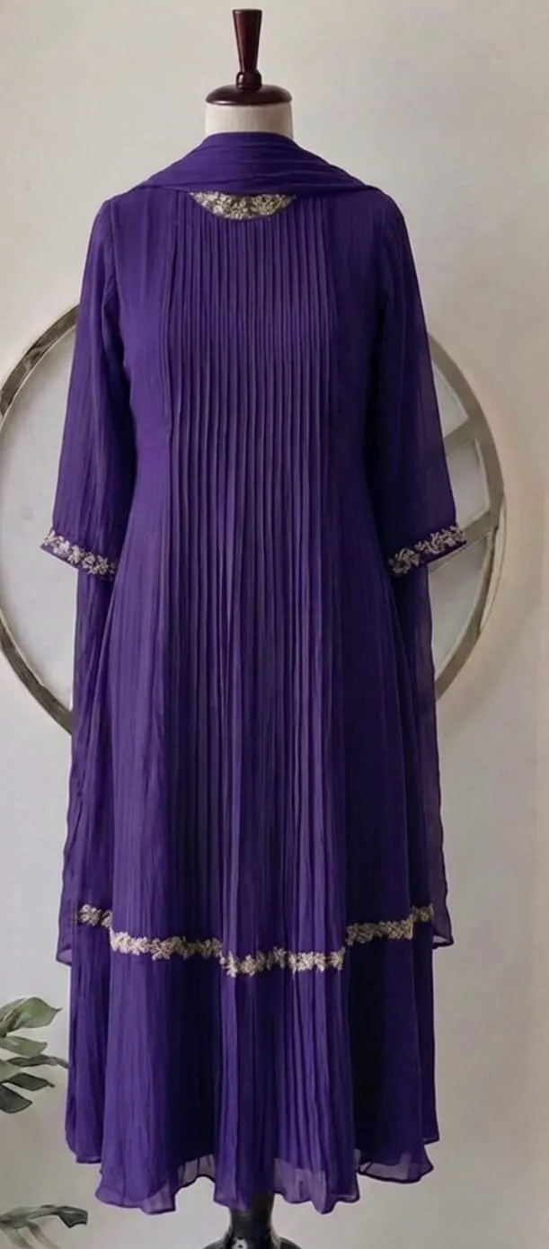 Purple Pleated Georgette Anarkali Suit Set with Zari Embroidered Yoke & Dupatta – Wedding & Festive Wear