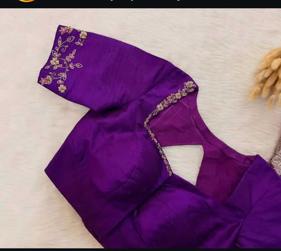 Purple Raw Silk Blouse with Geometric Cutout Neckline & Floral Zardozi Hand Embroidery