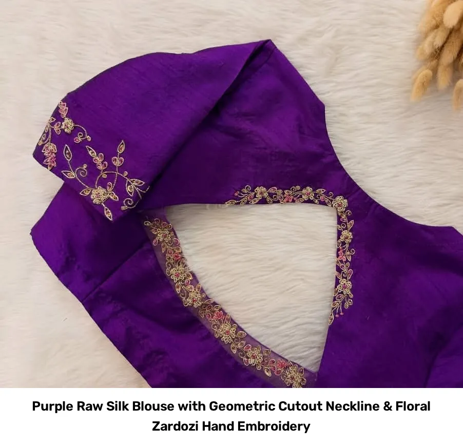 Purple Raw Silk Blouse with Geometric Cutout Neckline & Floral Zardozi Hand Embroidery 3