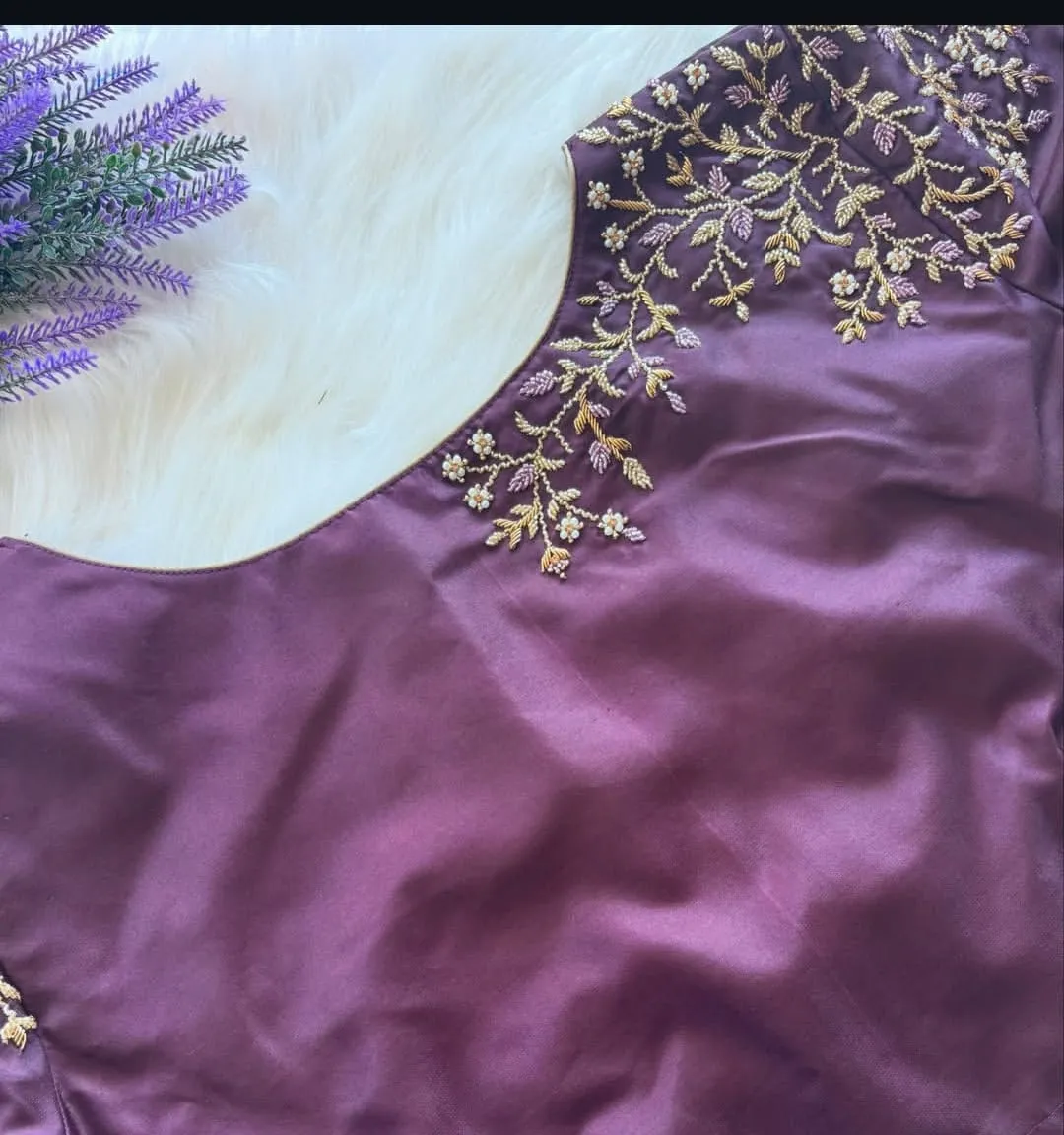 Purple Raw Silk Boat Neck Blouse | Hand Embroidered Zardozi & Pearl Floral Work