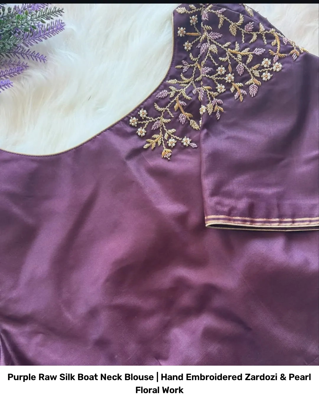 Purple Raw Silk Boat Neck Blouse | Hand Embroidered Zardozi & Pearl Floral Work 2