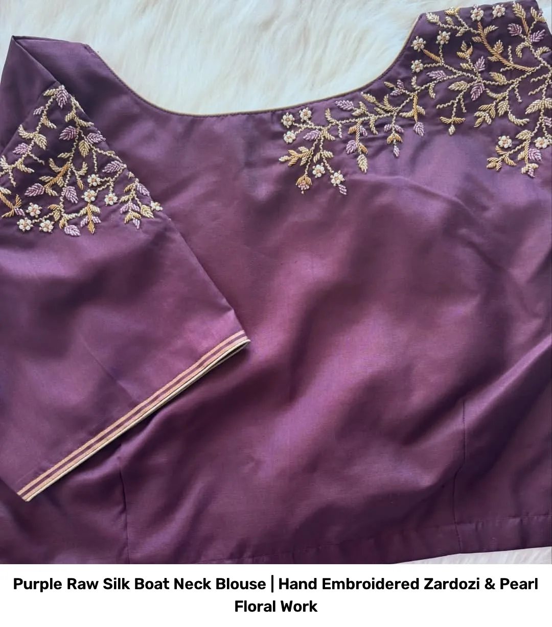Purple Raw Silk Boat Neck Blouse | Hand Embroidered Zardozi & Pearl Floral Work 3