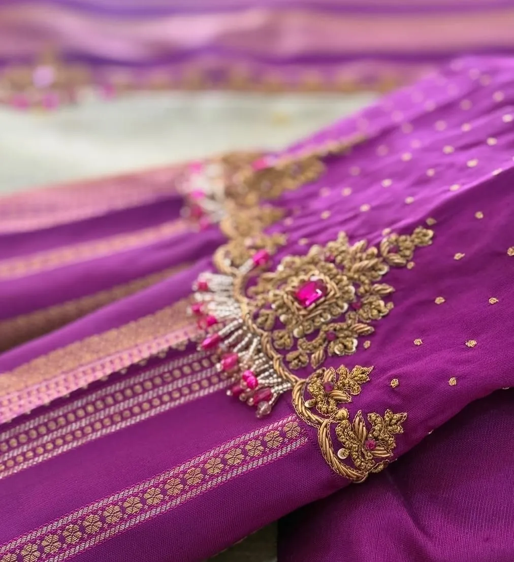 Purple Raw Silk Bridal Saree Blouse – Gold Zari Maggam Work with Pink Crystal Tassel Fringe & Kanchi Border Elbow Sleeves