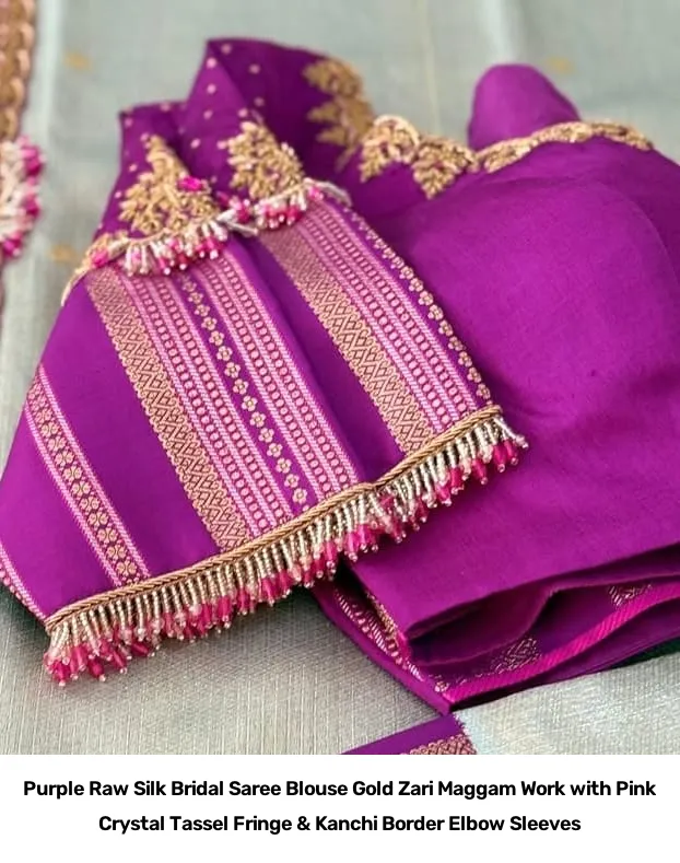 Purple Raw Silk Bridal Saree Blouse – Gold Zari Maggam Work with Pink Crystal Tassel Fringe & Kanchi Border Elbow Sleeves 2