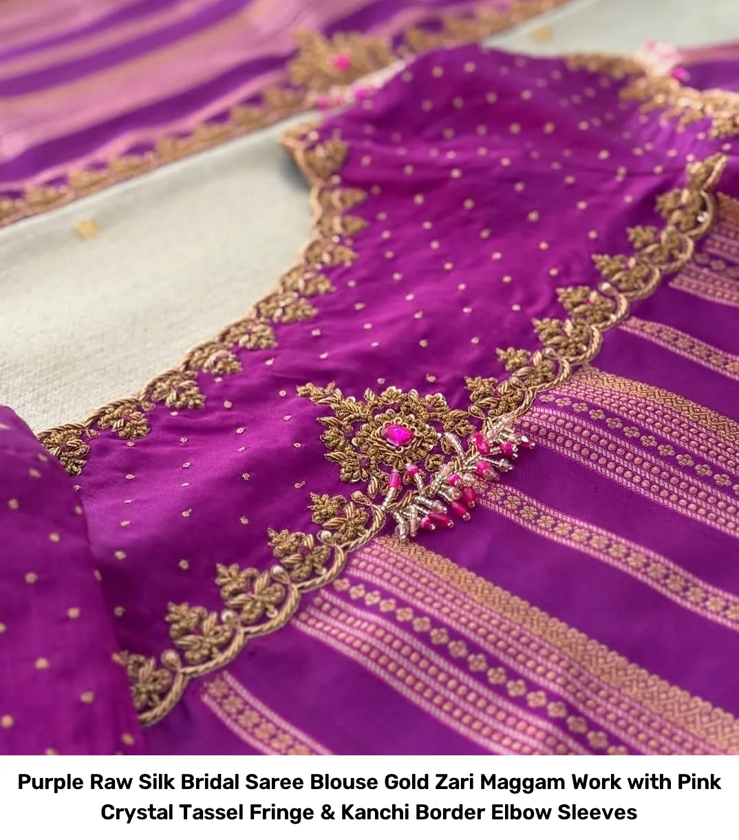 Purple Raw Silk Bridal Saree Blouse – Gold Zari Maggam Work with Pink Crystal Tassel Fringe & Kanchi Border Elbow Sleeves 3