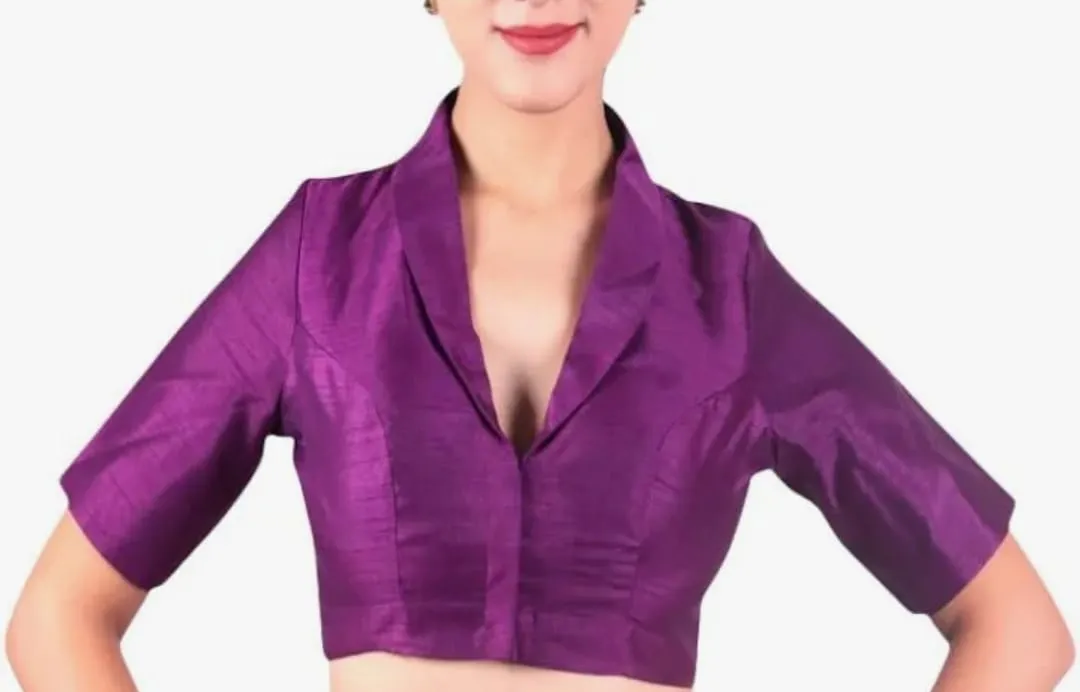 Purple Raw Silk Collar Neck Saree Blouse | Formal Shawl Collar Designer Readymade Blouse with Elbow Sleeves