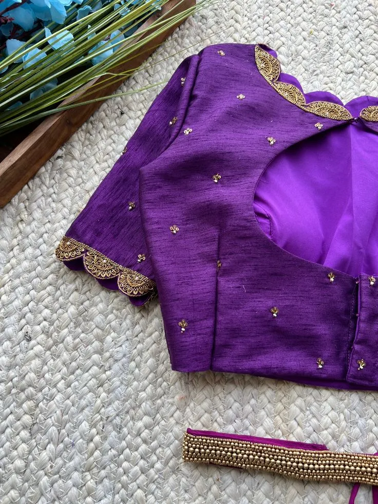 Purple Raw Silk Maggam Work Blouse with Belt - Scalloped Gold Zardozi Keyhole Saree Blouse