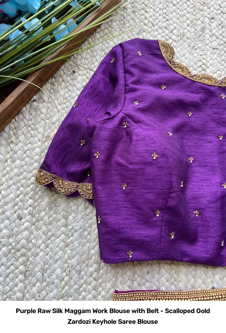 Purple Raw Silk Maggam Work Blouse with Belt - Scalloped Gold Zardozi Keyhole Saree Blouse 2