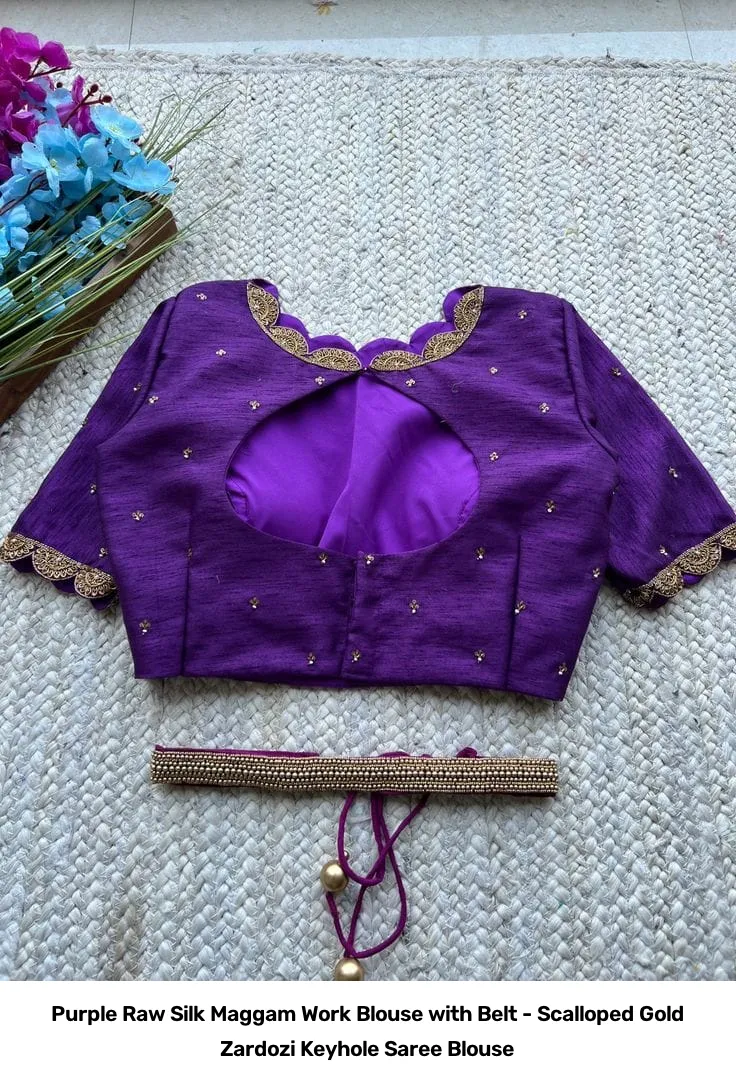 Purple Raw Silk Maggam Work Blouse with Belt - Scalloped Gold Zardozi Keyhole Saree Blouse 3