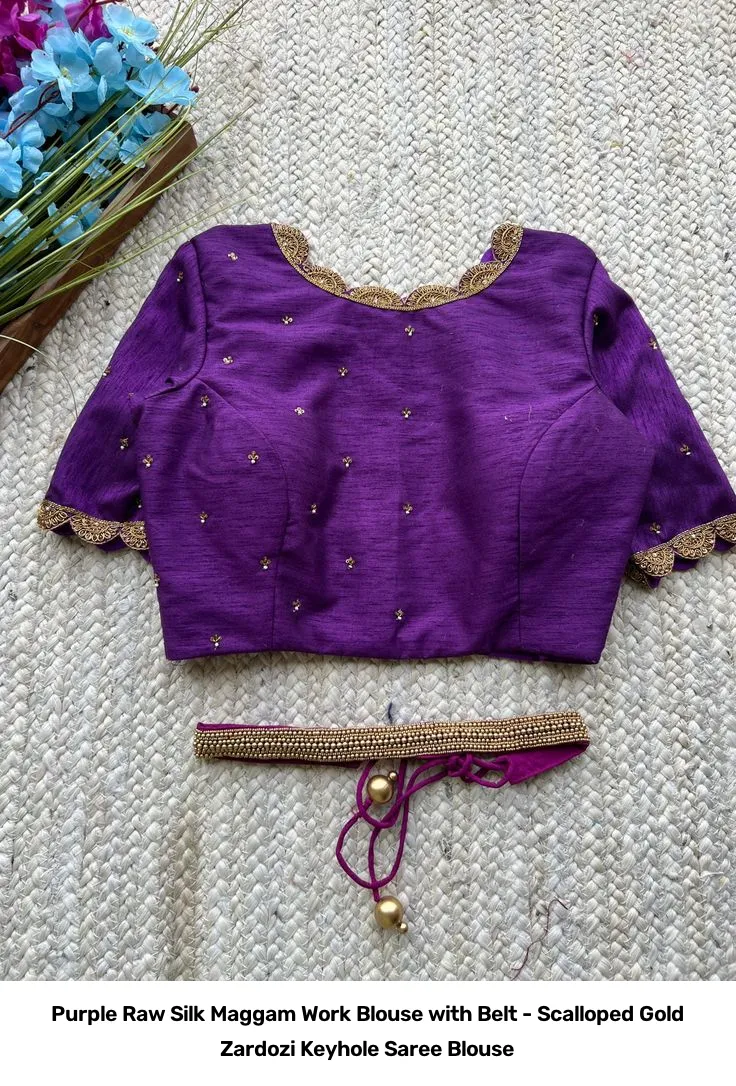Purple Raw Silk Maggam Work Blouse with Belt - Scalloped Gold Zardozi Keyhole Saree Blouse 4