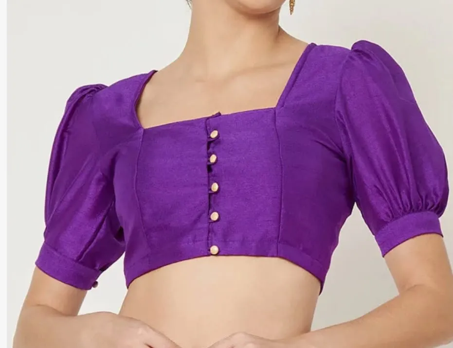 Purple Raw Silk Puff Sleeve Saree Blouse | Square Neck Front Button Designer Readymade Choli