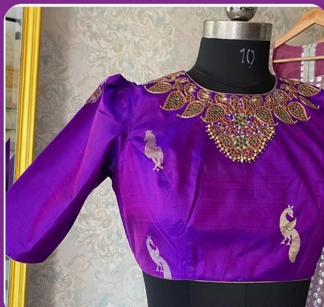 Purple Raw Silk Saree Blouse – Heavy Mango Motif Necklace Maggam Work with Puff Sleeves & Silver Peacock Buttas