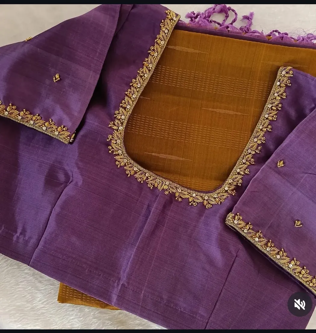 Purple Raw Silk Saree Blouse with Delicate Gold Leaf Zardozi Embroidery | Handcrafted Readymade / Stitched Festive Blouse