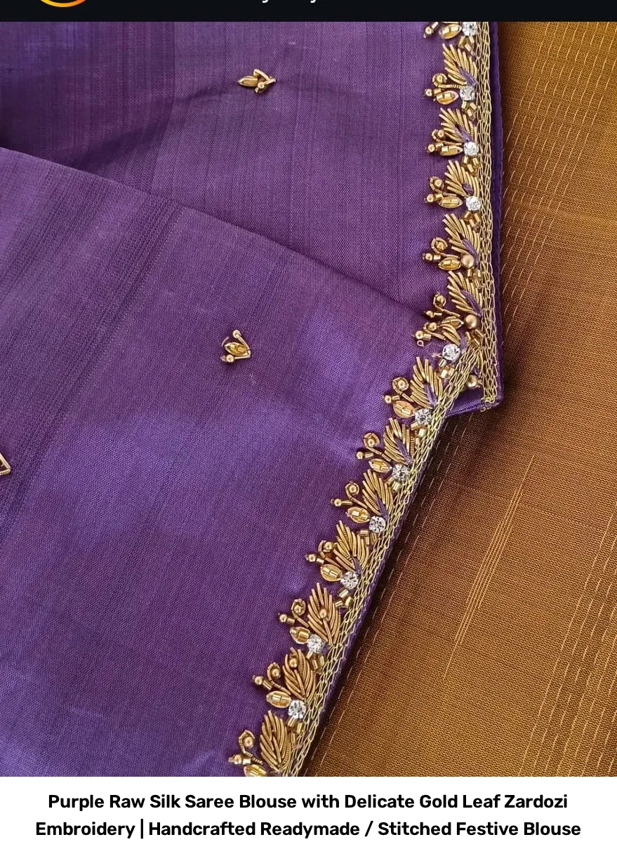Purple Raw Silk Saree Blouse with Delicate Gold Leaf Zardozi Embroidery | Handcrafted Readymade / Stitched Festive Blouse 2