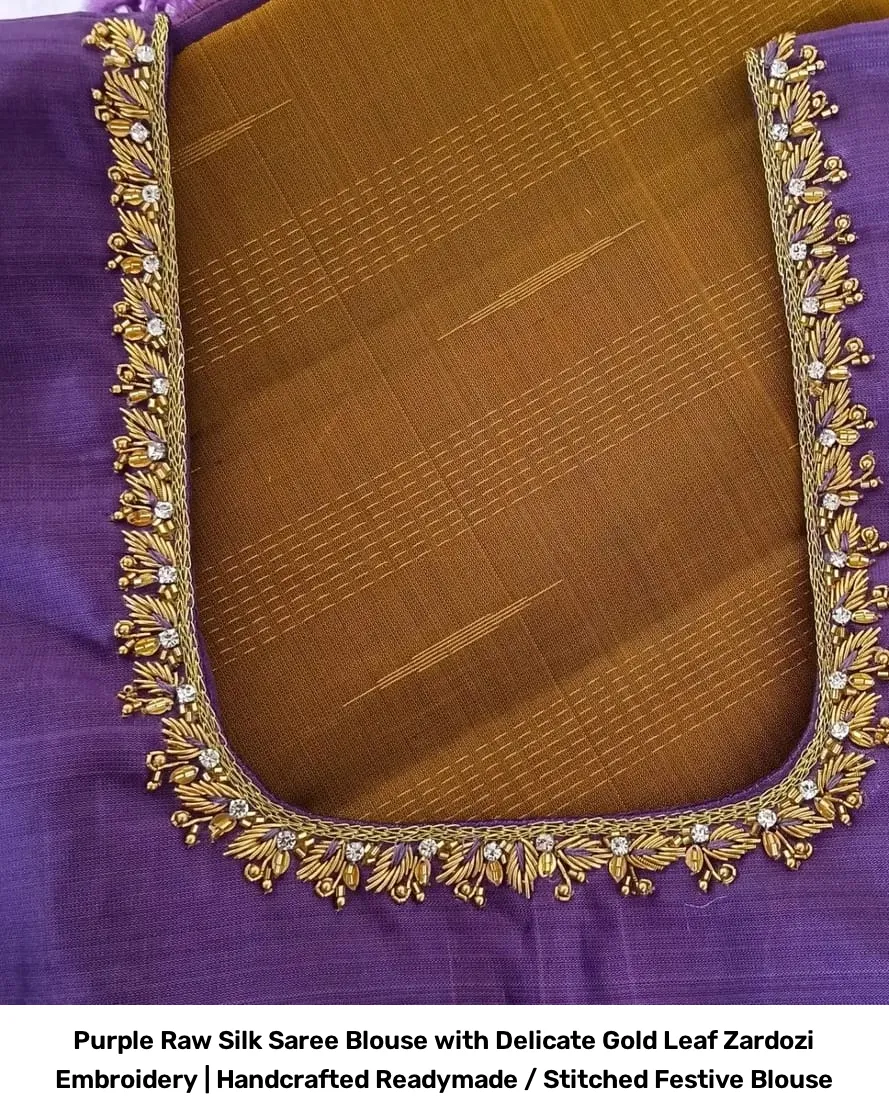 Purple Raw Silk Saree Blouse with Delicate Gold Leaf Zardozi Embroidery | Handcrafted Readymade / Stitched Festive Blouse 3