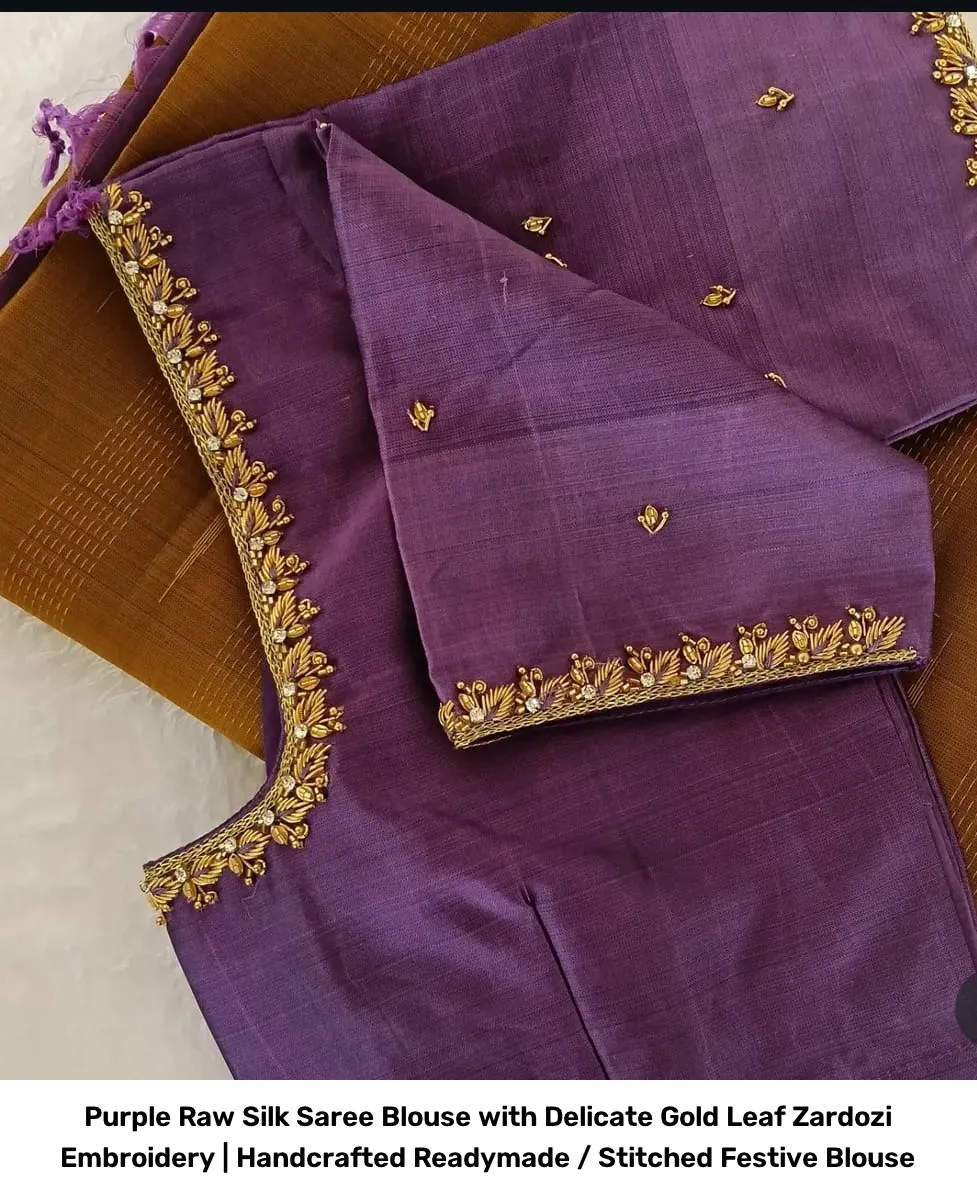 Purple Raw Silk Saree Blouse with Delicate Gold Leaf Zardozi Embroidery | Handcrafted Readymade / Stitched Festive Blouse 4