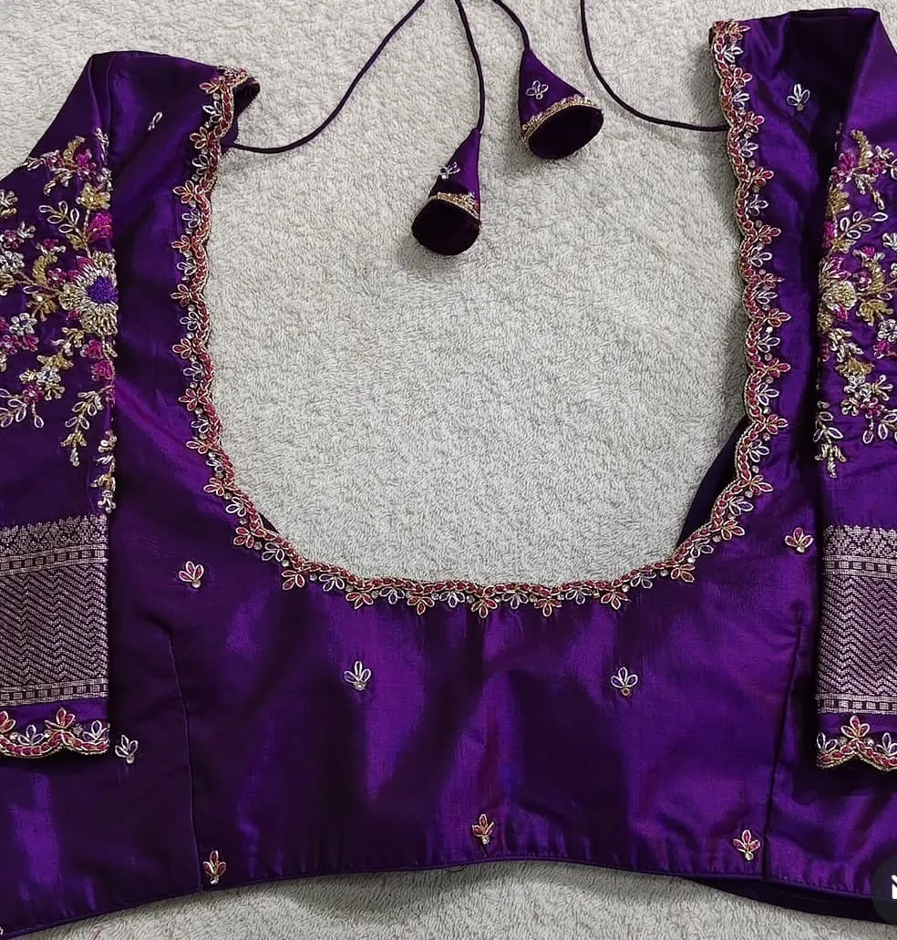 Purple Raw Silk Saree Blouse with Floral Zardozi Sleeves & Scallop Neck