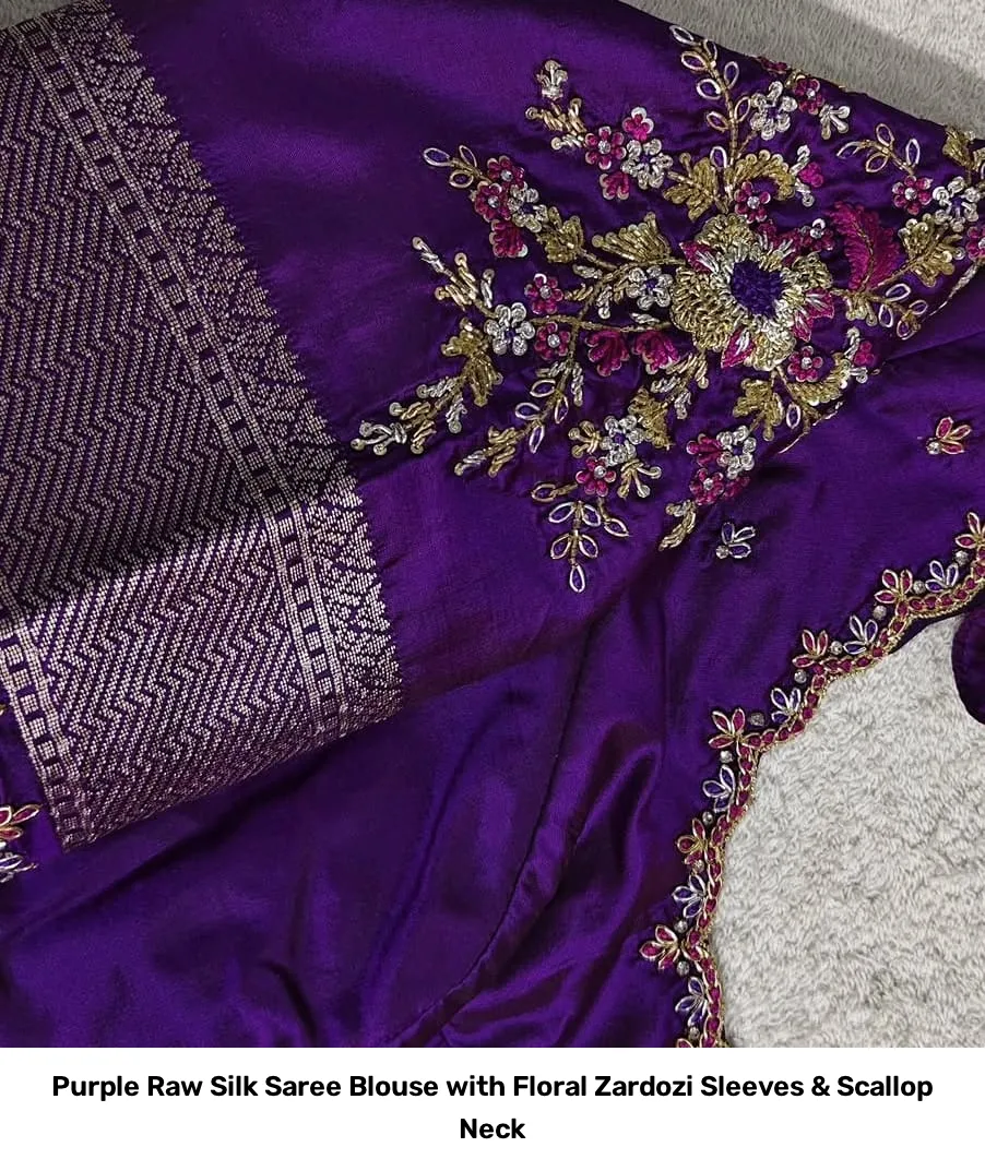 Purple Raw Silk Saree Blouse with Floral Zardozi Sleeves & Scallop Neck 2