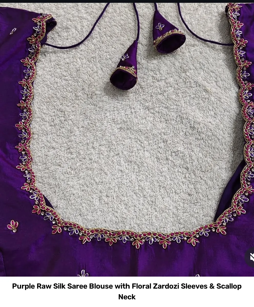 Purple Raw Silk Saree Blouse with Floral Zardozi Sleeves & Scallop Neck 3