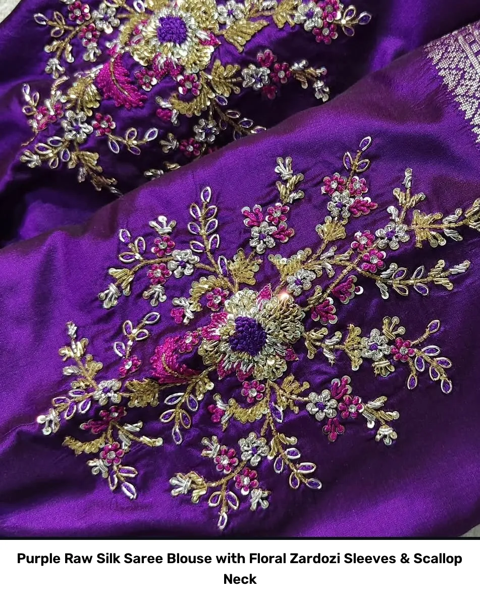 Purple Raw Silk Saree Blouse with Floral Zardozi Sleeves & Scallop Neck 4