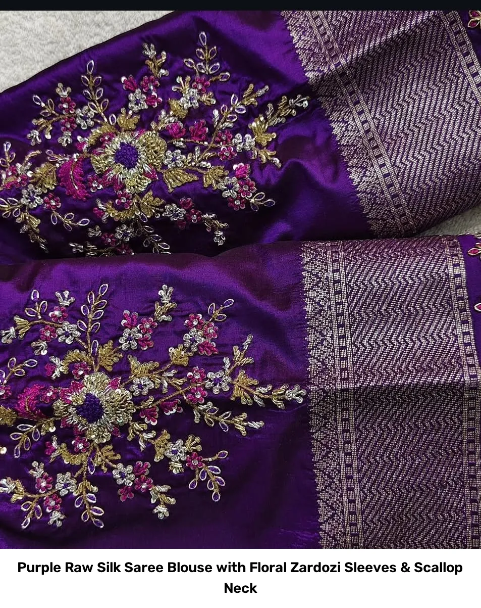 Purple Raw Silk Saree Blouse with Floral Zardozi Sleeves & Scallop Neck 5