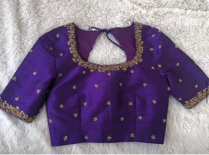 Purple Raw Silk Saree Blouse with Gold Zari Work | Floral Cutout Back Readymade Bridal Blouse