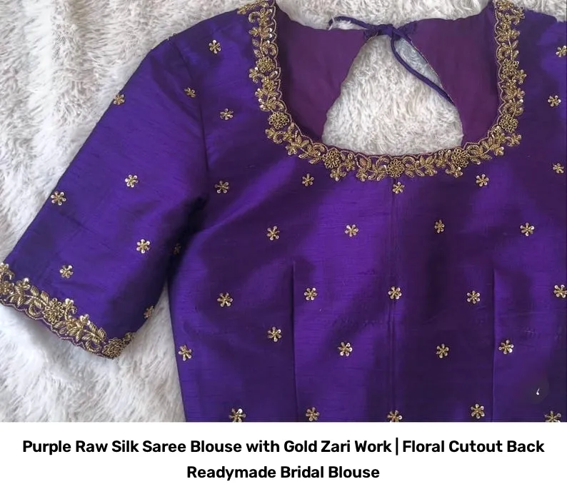 Purple Raw Silk Saree Blouse with Gold Zari Work | Floral Cutout Back Readymade Bridal Blouse 2
