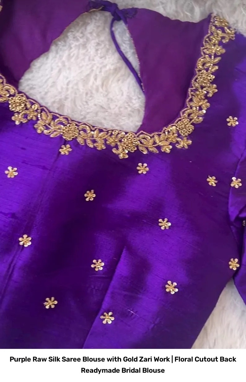 Purple Raw Silk Saree Blouse with Gold Zari Work | Floral Cutout Back Readymade Bridal Blouse 3