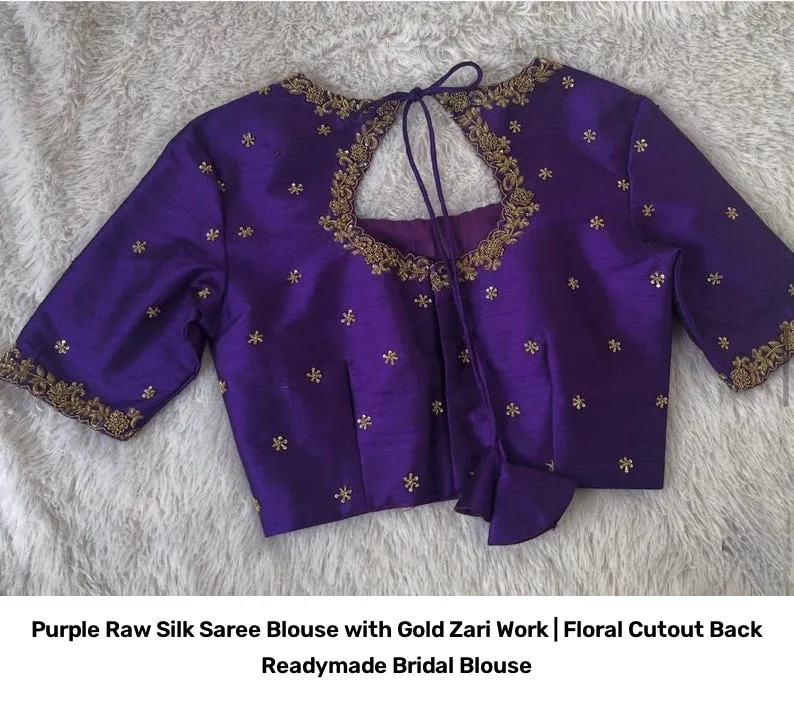 Purple Raw Silk Saree Blouse with Gold Zari Work | Floral Cutout Back Readymade Bridal Blouse 4