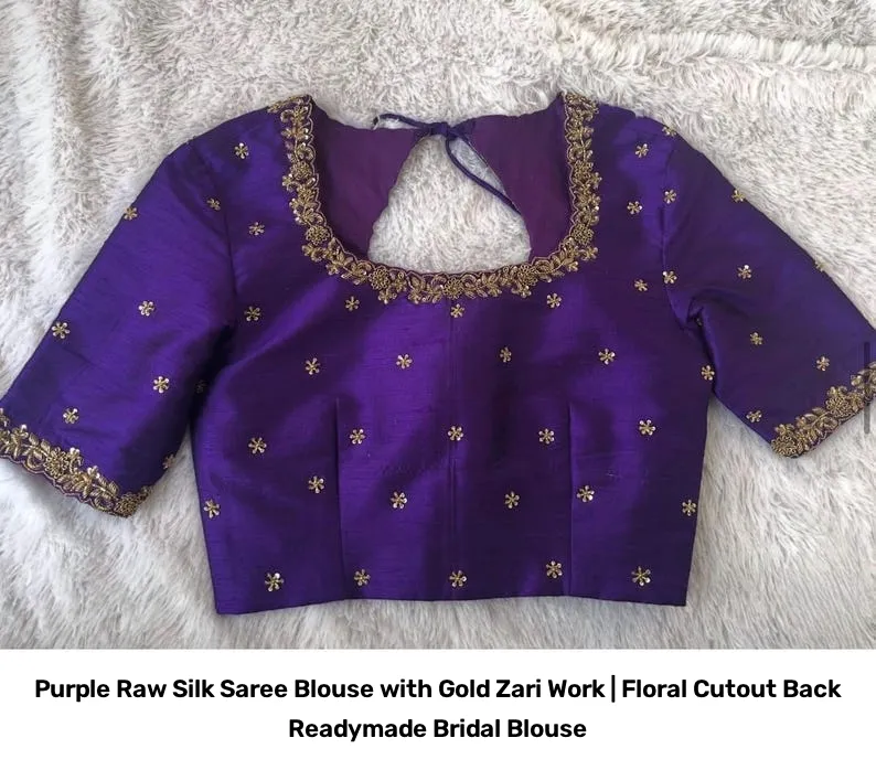 Purple Raw Silk Saree Blouse with Gold Zari Work | Floral Cutout Back Readymade Bridal Blouse 5