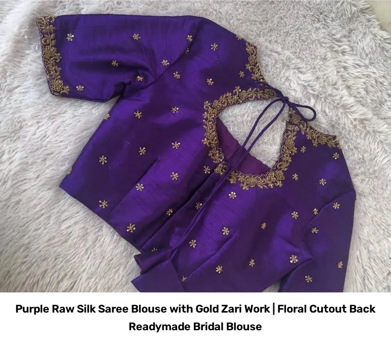 Purple Raw Silk Saree Blouse with Gold Zari Work | Floral Cutout Back Readymade Bridal Blouse 6