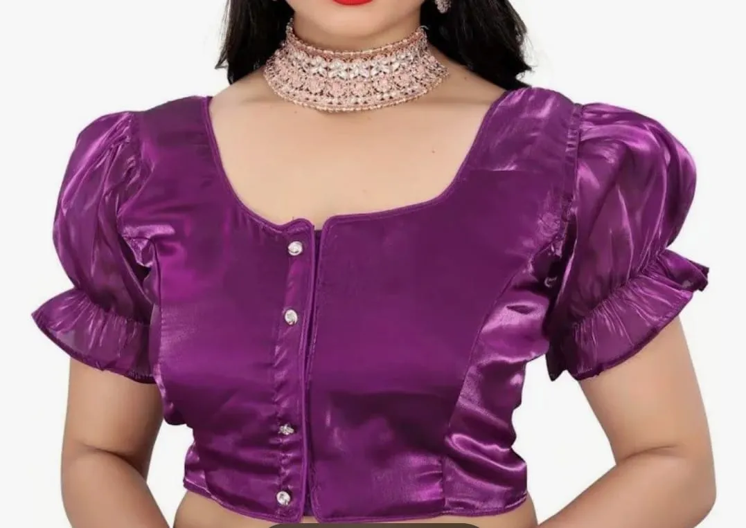 Purple Satin Silk Puff Sleeve Saree Blouse | Square Neck Backless Dori Choli with Frill Cuffs & Crystal Buttons