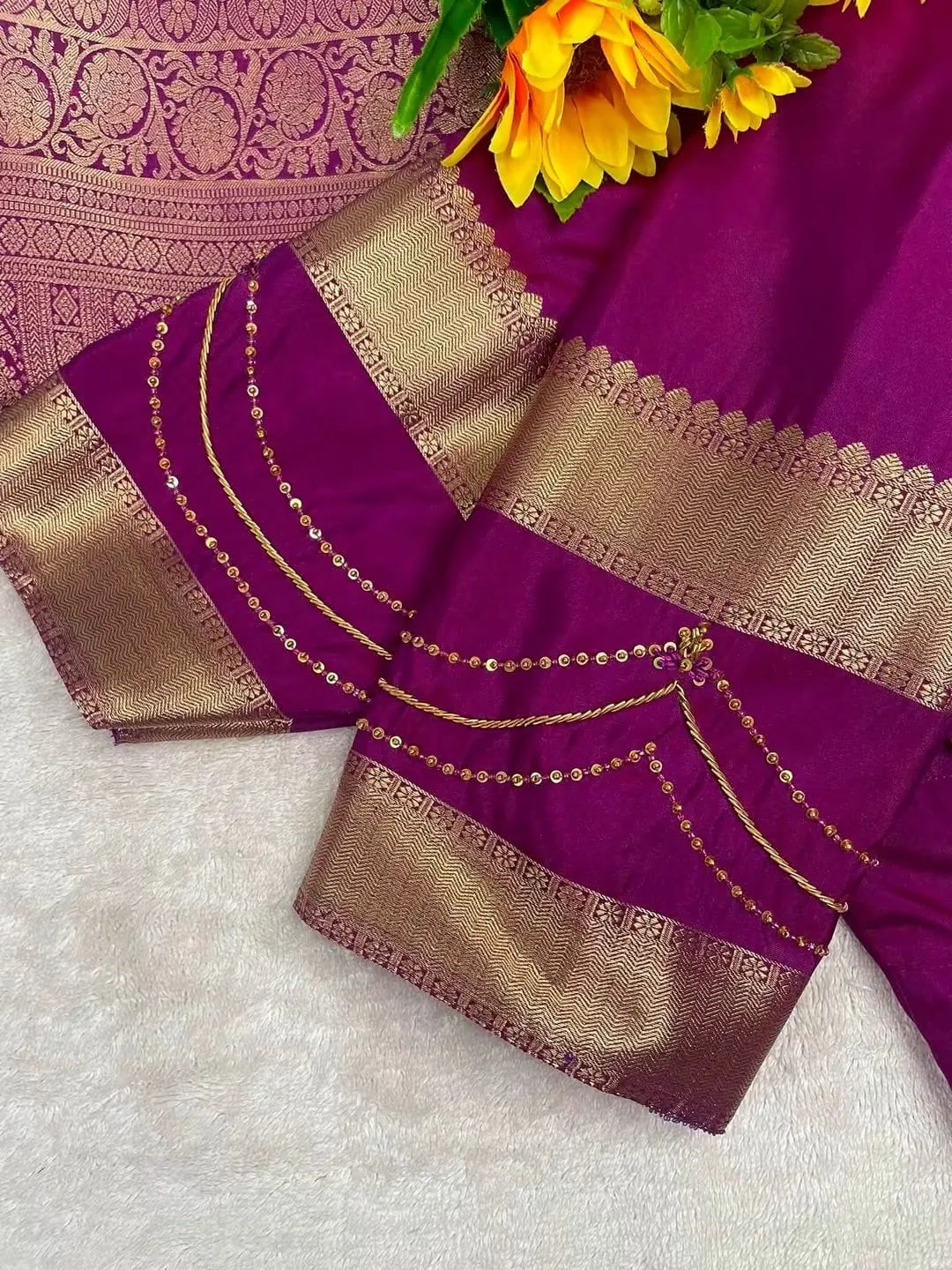 Purple Silk Blouse with Net Patch Back Neck & Zari Border Elbow Sleeves