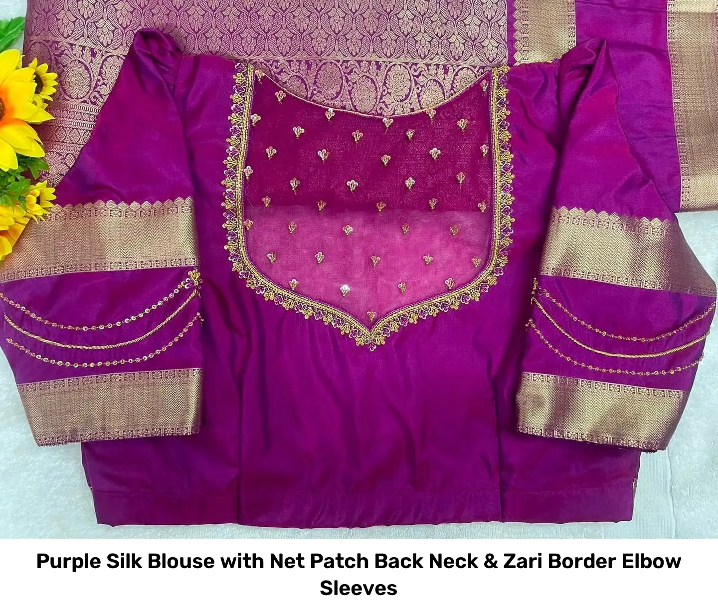 Purple Silk Blouse with Net Patch Back Neck & Zari Border Elbow Sleeves 2