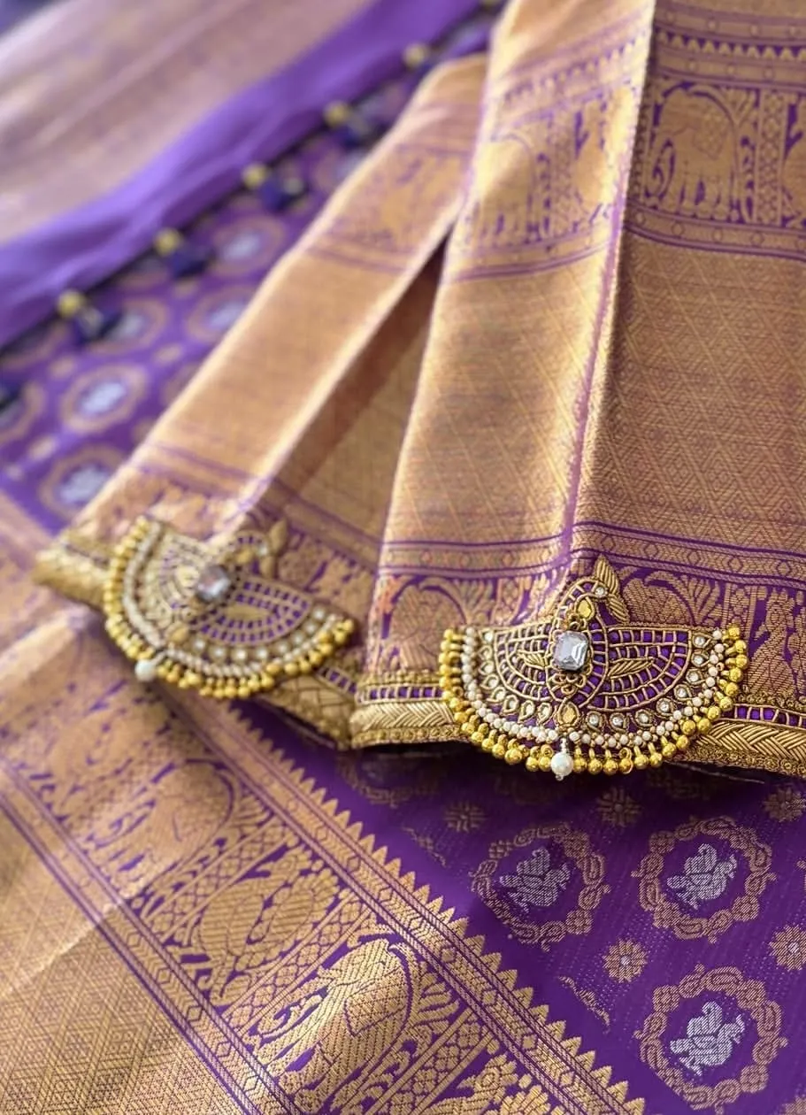 Purple Silk Bridal Blouse with Gold Temple Peacock Motifs & Slit Sleeve Detail