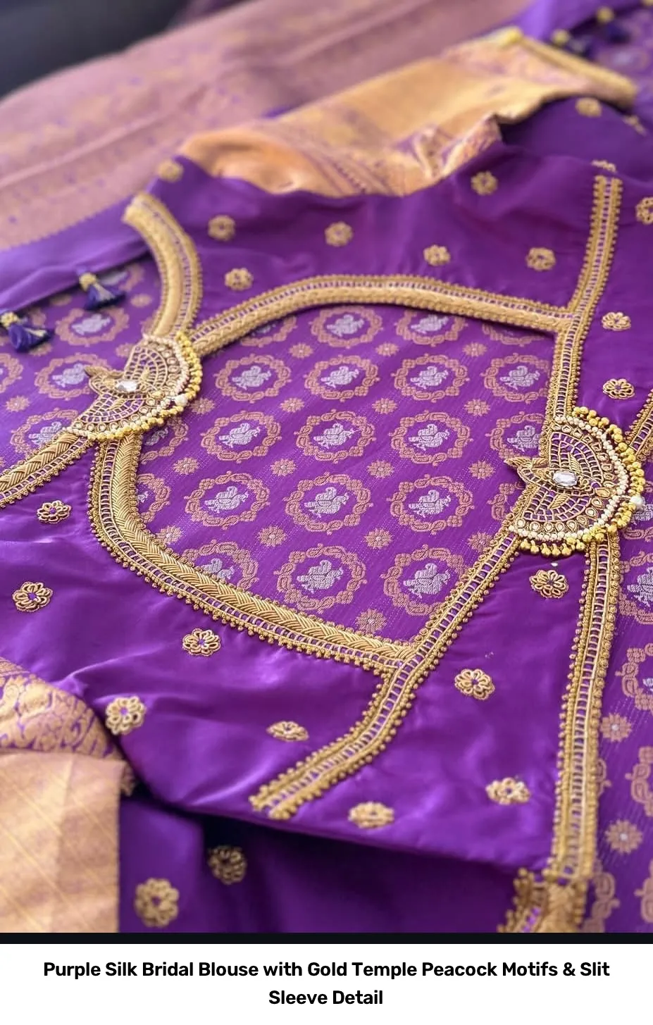 Purple Silk Bridal Blouse with Gold Temple Peacock Motifs & Slit Sleeve Detail 2
