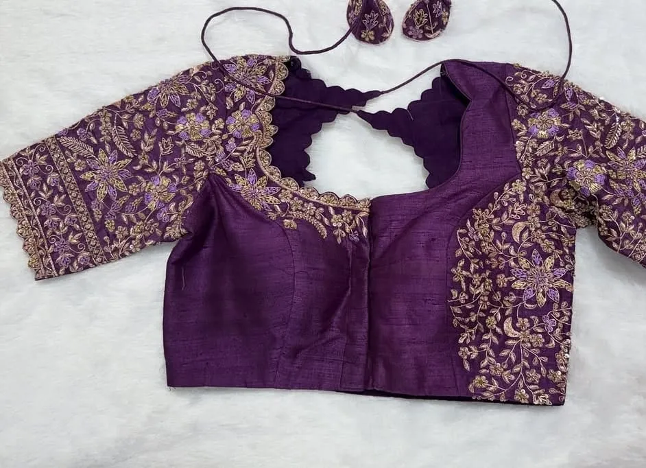 Purple Silk Heavy Hand-Embroidered Designer Blouse with Scalloped Back | Buy Readymade Blouses Online