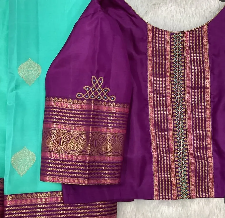 Purple Silk Saree Blouse with Zari Border | Vertical Embroidered Back Panel & Knot Motif Designer Blouse