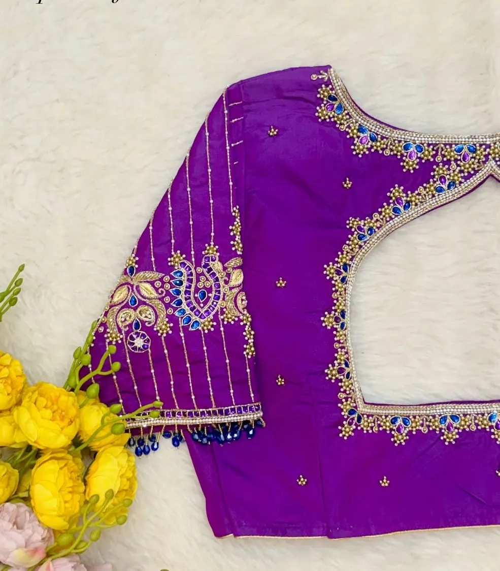 Purple Stone Work Designer Silk Saree Blouse with Cut-Out Back | Buy Readymade Blouses Online
