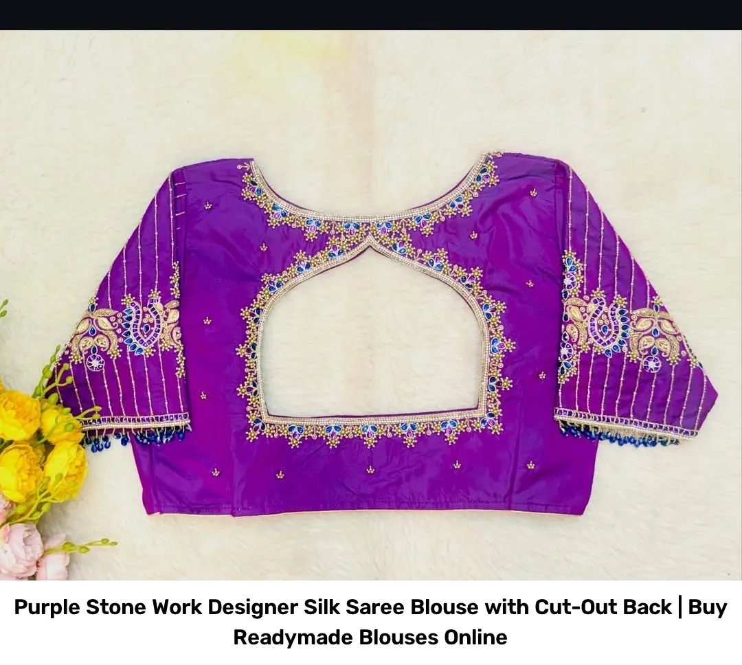 Purple Stone Work Designer Silk Saree Blouse with Cut-Out Back | Buy Readymade Blouses Online 2