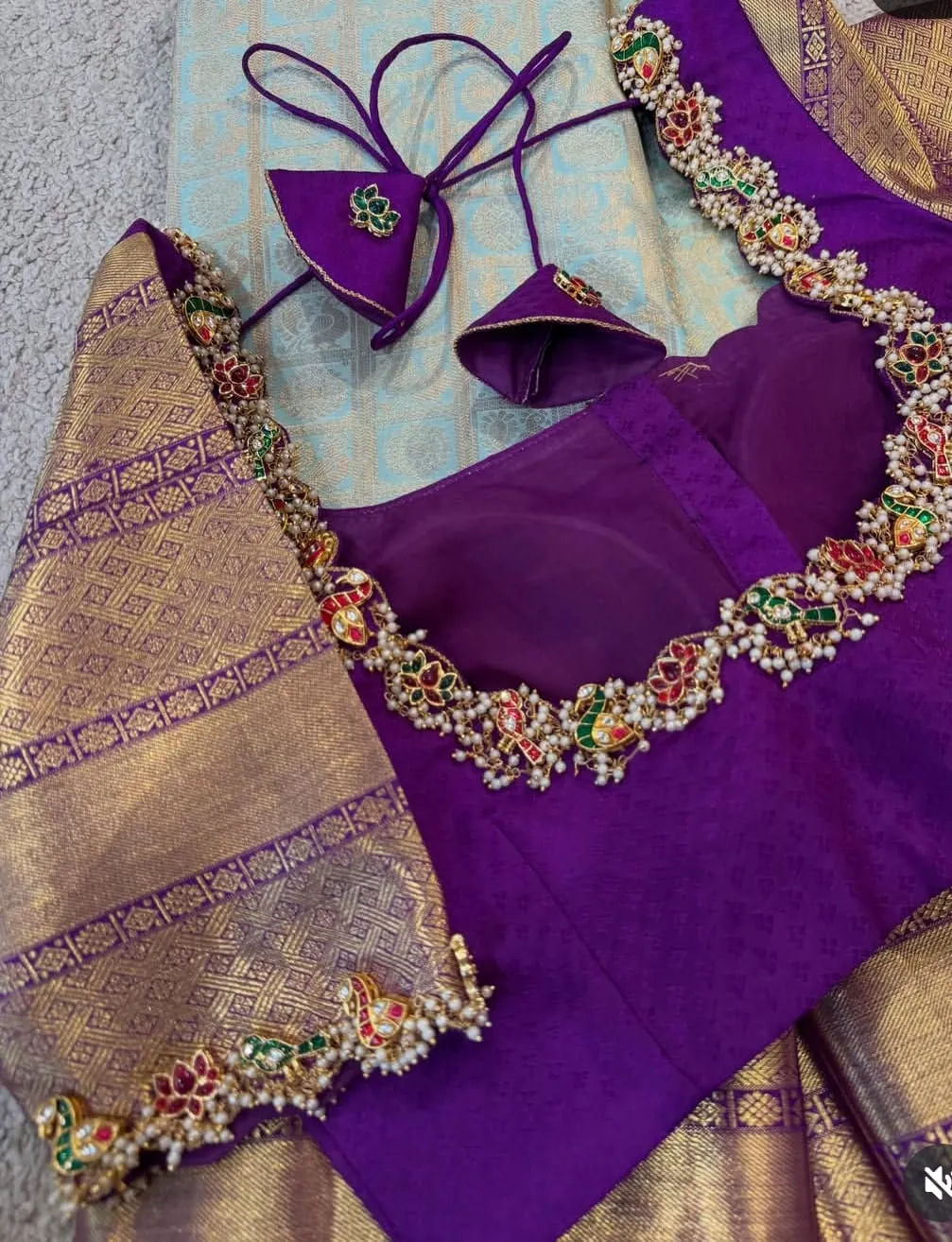 Purple Temple Border Silk Designer Blouse with Heavy Stone Work & Tassels | Buy Readymade Blouses Online
