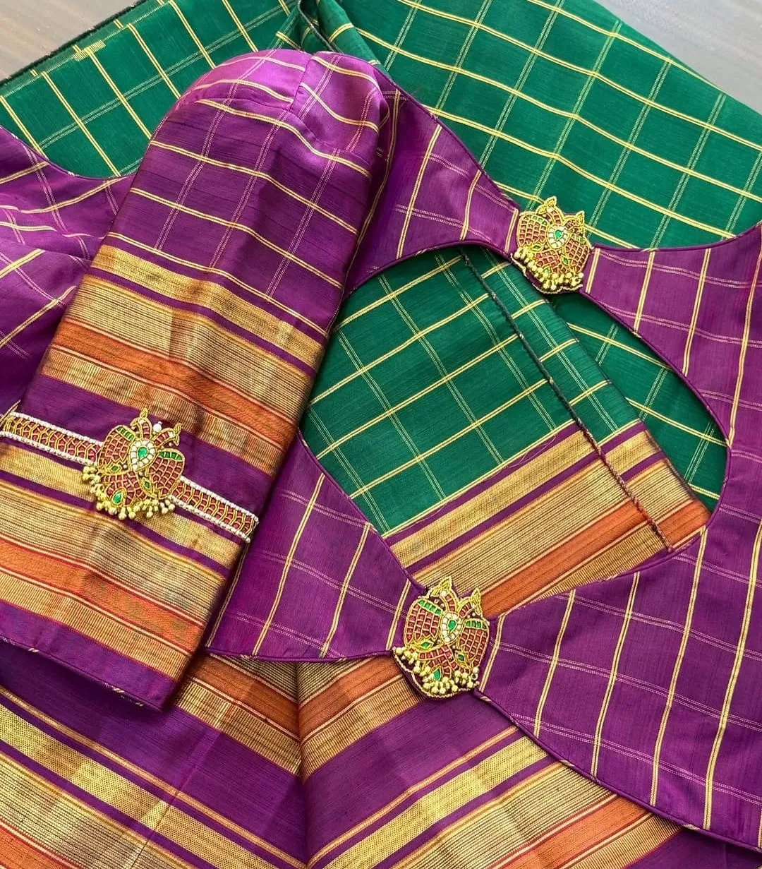 Purple Zari Checks Silk Blouse | Kemp Stone Peacock Motif & Cutout Back Neck Saree Blouse