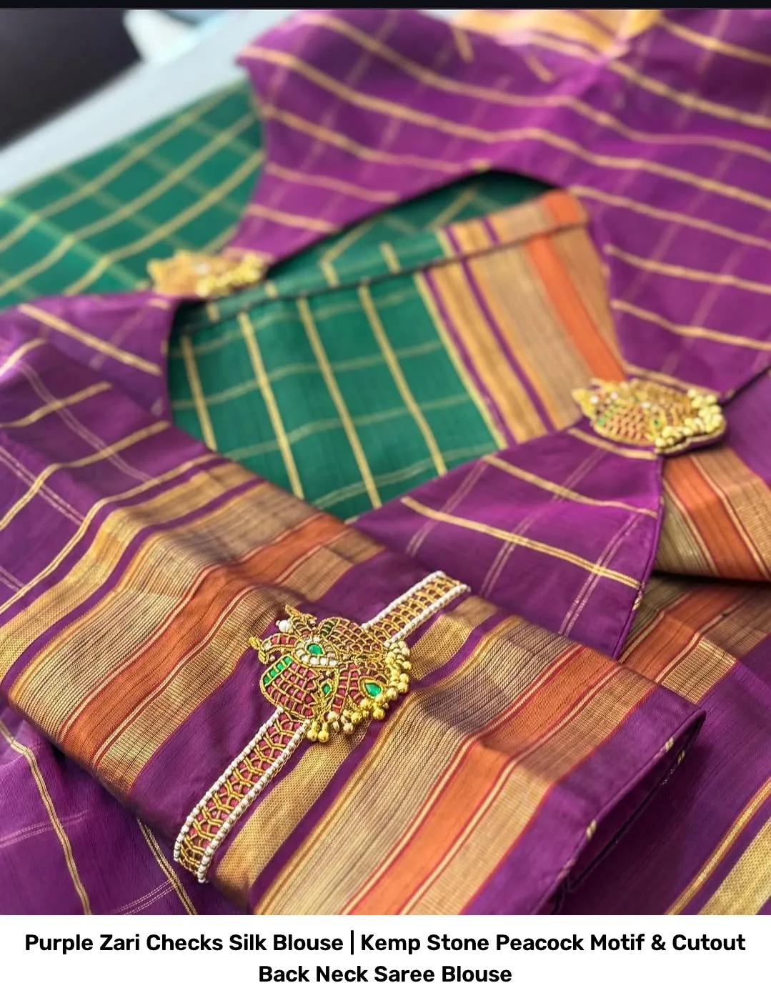 Purple Zari Checks Silk Blouse | Kemp Stone Peacock Motif & Cutout Back Neck Saree Blouse 2