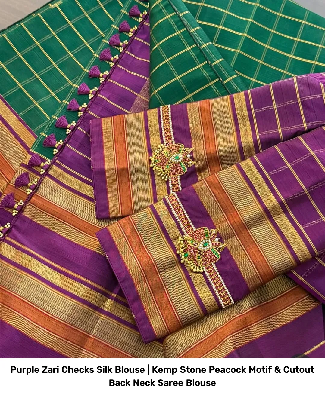 Purple Zari Checks Silk Blouse | Kemp Stone Peacock Motif & Cutout Back Neck Saree Blouse 3