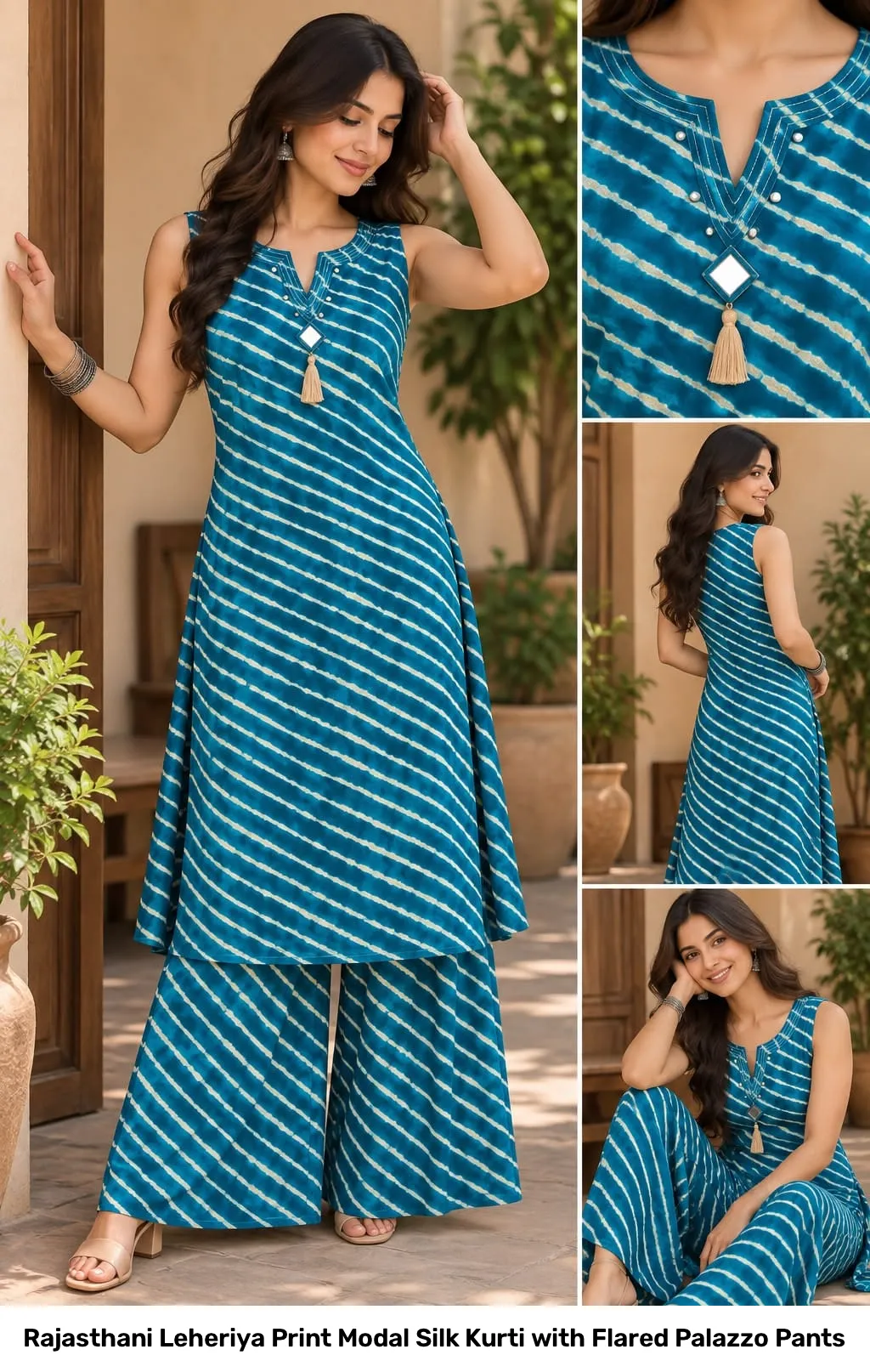 Rajasthani Leheriya Print Modal Silk Kurti with Flared Palazzo Pants 2