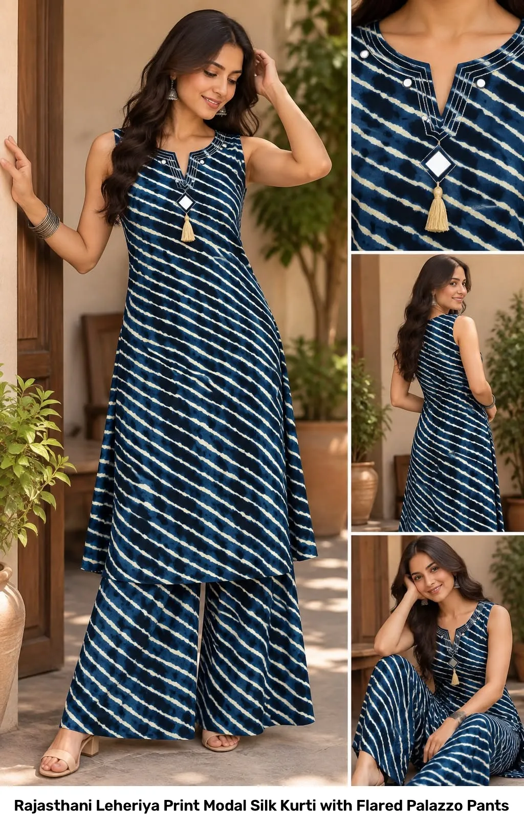 Rajasthani Leheriya Print Modal Silk Kurti with Flared Palazzo Pants 4